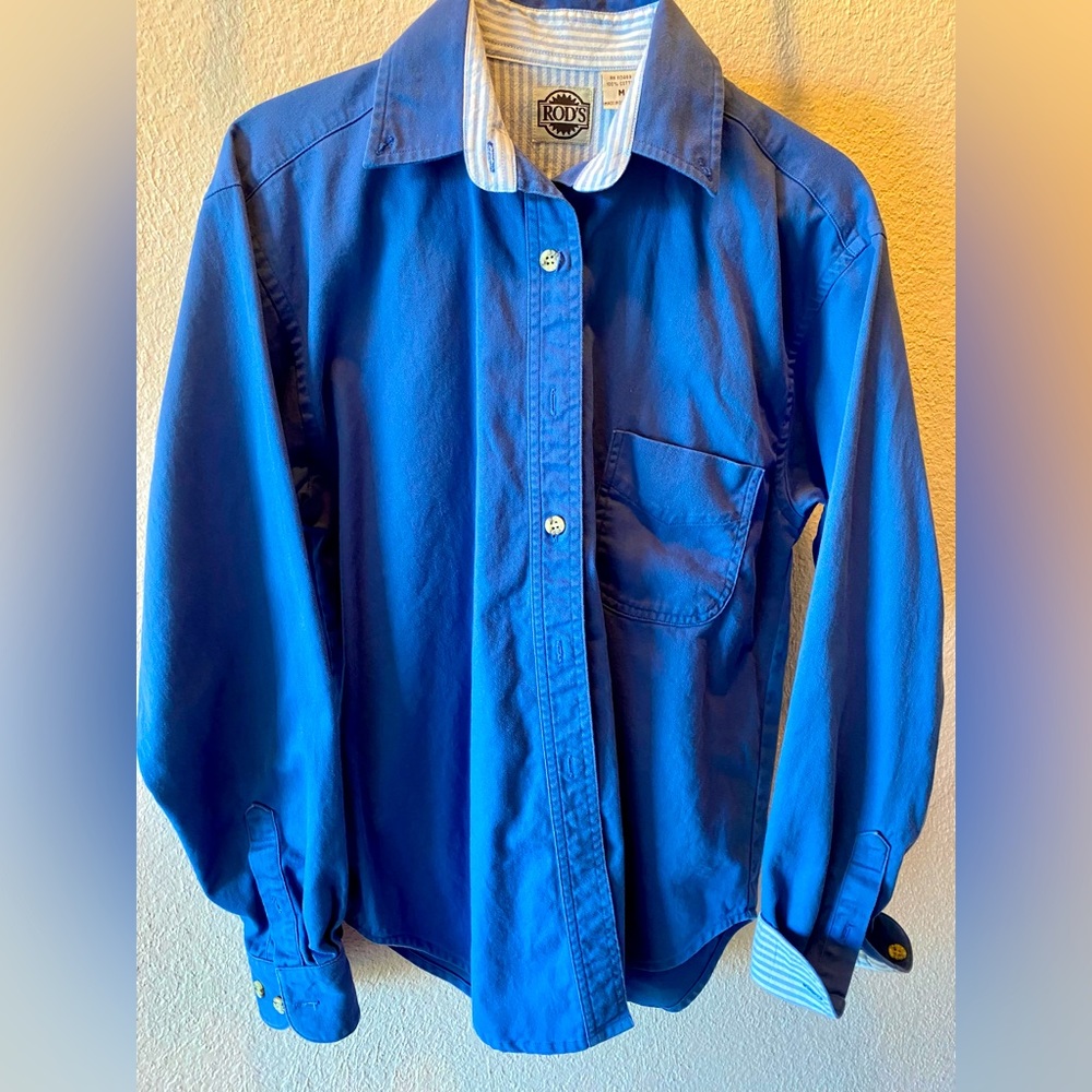 Royal blue woman’s Western Shirt. 💯 cotton twill, striped cuffs.